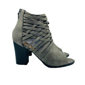 Diba Shoes Womens Size 7.5 Gray Zip Strappy Ankle Booties Block Heels Peep Toe